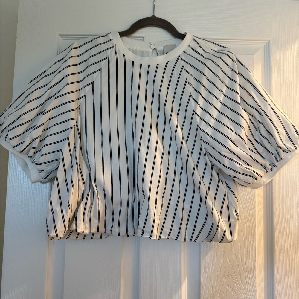 Maeve by Anthropologie Blue and White Puff Sleeve Crop Tee